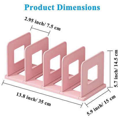 SAYEEC Desk File Sorter Vertical Desktop File Folder Organizer 4 Section Plastic Book Holder Adjustable Shelf Dividers Closet Purse Handbag Mail Binder Organizer Magazine Rack Stand Bookshelf (Pink)