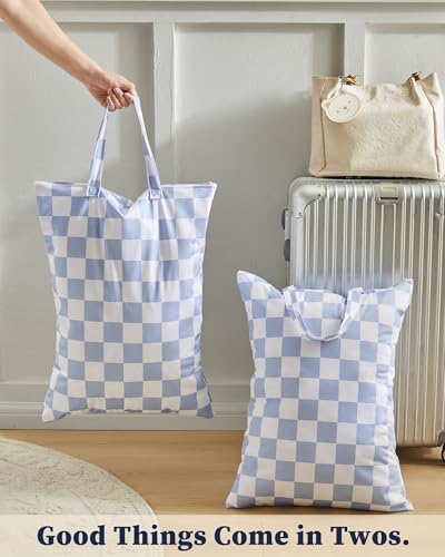 Ohocut Checkered 2 Pcs Large Travel Laundry Bags for Dirty Clothes, Aesthetic Trendy Waterproof Washable Laundry Bag with Handle for Travel, Gym, Swimming Pool, Blue
