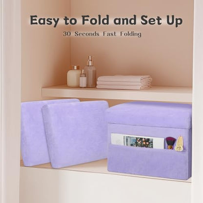 Small Ottoman with Storage, Folding Soft Fur Storage Foot Rest Stool with Thicker Furry Padded Seat. Ottoman Bench for Bedroom Living Room, Holds Up to 300 lbs, 17x13x13IN (Purple)