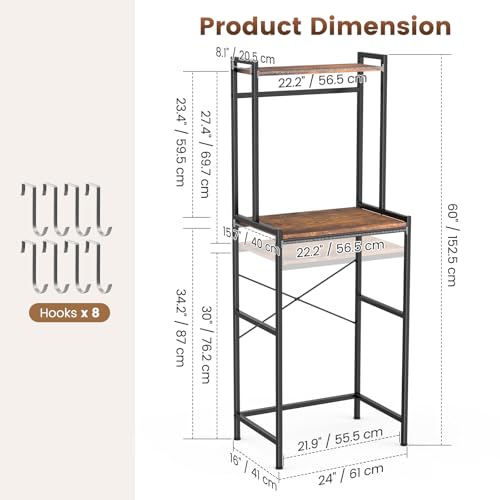 Housolution 2-Tier Mini Fridge Stand with Storage, Black+Brown | Adjustable Height Shelves, 8 Hooks, Easy Assembly, Heavy-Duty Microwave Stand for Office Dorm & Apartment