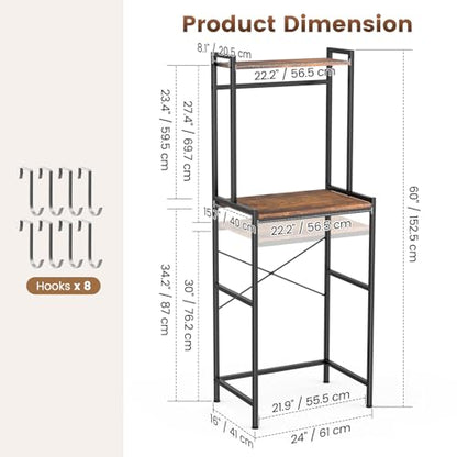 Housolution 2-Tier Mini Fridge Stand with Storage, Black+Brown | Adjustable Height Shelves, 8 Hooks, Easy Assembly, Heavy-Duty Microwave Stand for Office Dorm & Apartment