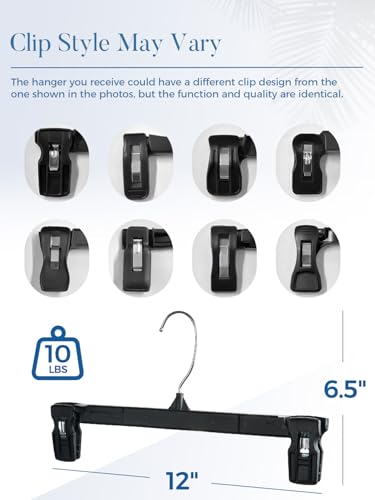 Smartor Black Pants Hangers 30 Pack, Plastic Hangers with Clips, 12 Inch | Versatile Bottom Hangers for Skirts, Shorts, Jeans and Trousers; Non-Slip Clips and Swivel Hooks Organize Everyday Closets