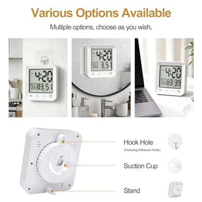 Shower Clock Waterproof, Bathroom Digital Clock with Timer, LCD Display, Touch Screen, Suction Cup, Temp, Seconds, Hanging, Hole Stand, Digital Wall Clocks Battery Operated for Kids and Adults