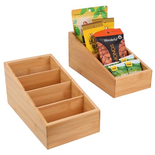 HTB 4-Section Snack Organizer with Removable Dividers for Kitchen 2 Pack | Bamboo Pantry Storage Organization for Spice Packets, Seasoning Pouches, Coffee Pods,Food,Drawer Countertop,Easy Access