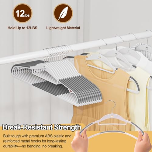 Plastic Stackable Hangers 50 Pack, 360° Swivel Hook, Gray | Non Slip Rubber Strips, Slim Space Saving, Cascading Vertical Storage, Notched Design, Tie Bar, for Coat Suit Shirt Dress