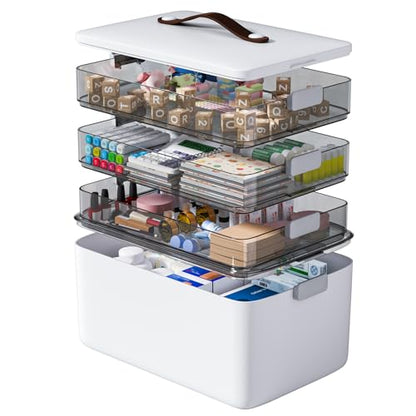 MOPUP 4-Tier Medicine Craft,Sewing,Art,Organizer Storage,Portable Latch Bin with Lid and Leather Handle,Pill Bottle, First Aid,Multipurpose Organizer with Removable Tray,A Household Essential