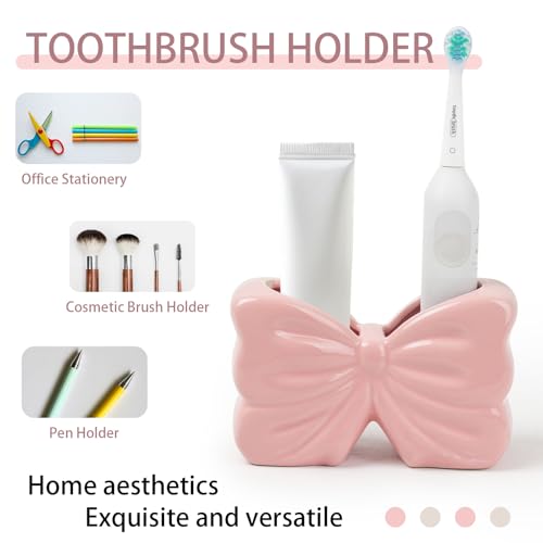 Bow Toothbrush Holder, Pink Ceramic Multi-Purpose 2-Section Organizer for Bathroom, Kitchen, Bedroom, Office Decor