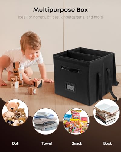 Uniclife Vinyl Record Storage Box with Lid & Handles | Collapsible, Splash-Resistant Album Storage Crate for 80 Single Records (12"), Black, 13" × 13" × 13"
