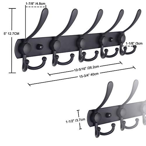 Coat Rack Wall Mounted - 5 Tri Hooks, Heavy Duty, Stainless Steel, Metal Coat Hook Rail for Coat Hat Towel Purse Robes Mudroom Bathroom Entryway (Black, 2 Packs)