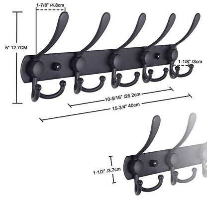 Coat Rack Wall Mounted - 5 Tri Hooks, Heavy Duty, Stainless Steel, Metal Coat Hook Rail for Coat Hat Towel Purse Robes Mudroom Bathroom Entryway (Black, 2 Packs)
