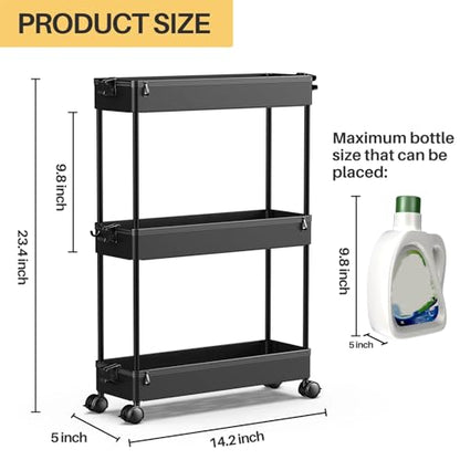 Slim Rolling Storage Cart, 3 Tier Bathroom Storage... (Black | Plastic)