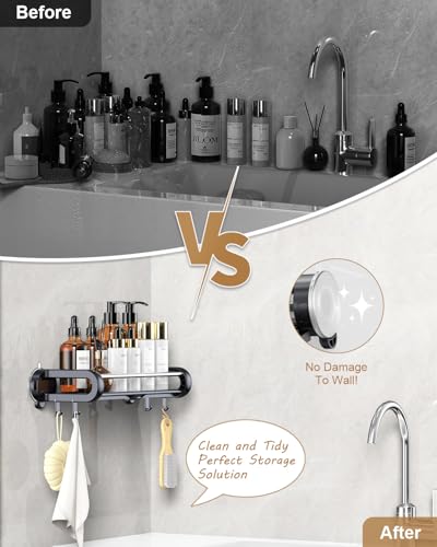 JOTPE Suction Cup Shower Shelf, Removable, Holds 22lbs, No Drilling, Black | suction cup shower shelf bathroom storage 22lbs removable reusable no marks quick drain easy install no drill smooth durable