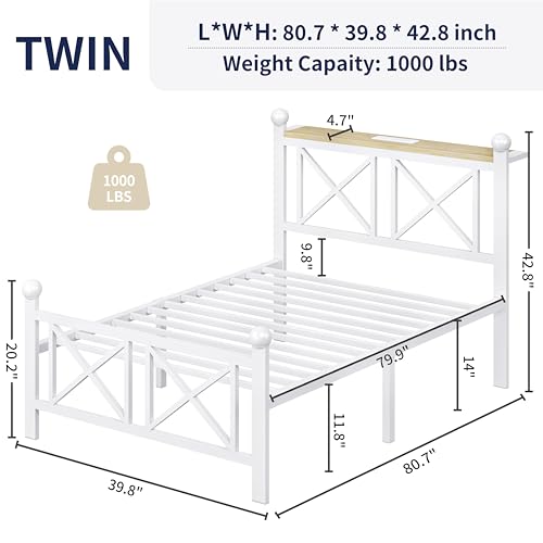 DynJest Twin White Bed Frame with Headboard and Footboard, Storage Shelf with LED Lights and Charging Station, Strong Metal Slats Support, No Box Spring Needed, Under Bed Storage, Easy Assembly