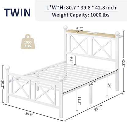DynJest Twin White Bed Frame with Headboard and Footboard, Storage Shelf with LED Lights and Charging Station, Strong Metal Slats Support, No Box Spring Needed, Under Bed Storage, Easy Assembly