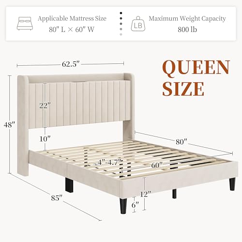 Yaheetech Queen Bed Frame with Channel-Tufted Storage Headboard, Beige