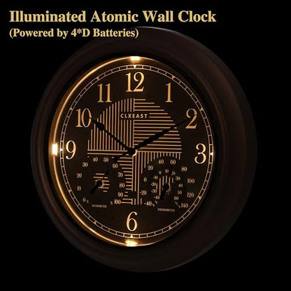 18" Illuminated Outdoor Atomic Analog Clocks Waterproof,IP65 Rating | Auto DST Adjust, Built In Adjustable Thermometer & Hygrometer, Bronze, Accurate & Easy to Read for Patio,Pool & Garden