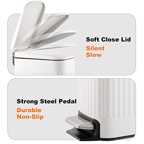 Slim Bathroom Trash Can with Lid Soft Close & Pedal, 1.6Gal, White | Removable Inner Bucket, Stainless Steel Garbage Can, Small Wastebasket for Toilet/Office/Bedroom, Retro Design, Odor Control