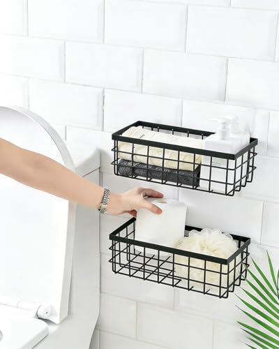 2 Pack Black Adhesive Metal Wire Wall Storage Baskets for Kitchen Bathroom | Drill-free metal baskets fit kitchen, cabinet, shower; usable as spice rack, shower caddy & cabinet storage organizer