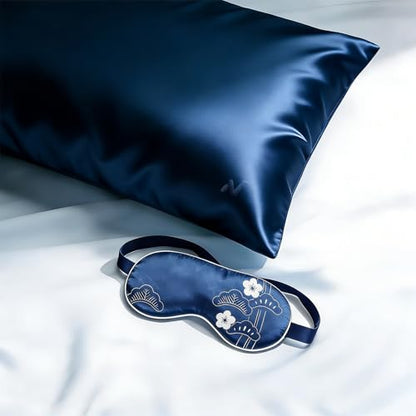 100% Mulberry Silk Sleep Mask with Eye Steam Pocket and Velvet Elastic Band, Luxury 22mm Silk Eye Mask for Nap Sleeping Relaxation and Traveling, Gift Package, Cherry Blossom Blue