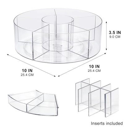 360° Rotating Makeup Organizer, 10" Clear Turntable Lazy Susan Organizer for Vanity, Bathroom Counter, Cabinet, Spinning Cosmetic Storage Holder with 6 Dividers for Skincare, Makeup Brushes, Lipsticks