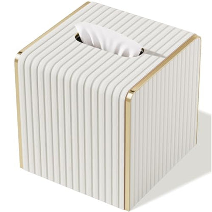 Tissue Box Cover,White Square Leather Tissue Box Holders with Gold-Tone Edging Decoration, Tissue Vessel for Bathroom Toilet Bedroom Living Room Table Desk Office,Modern Home Decor