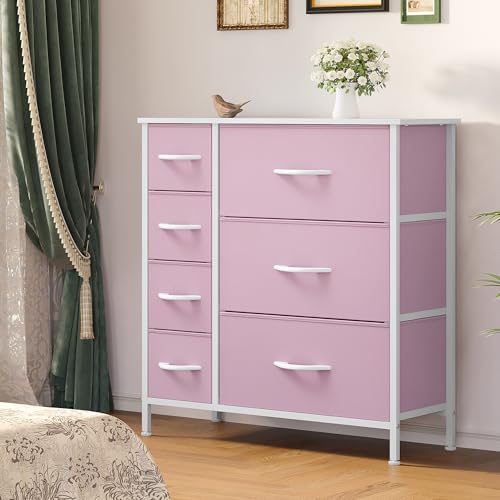 YITAHOME Pink Dresser, 7 Drawers Fabric Dresser for Bedroom | Organizer Unit for Living Room, Hallway, Closets, Sturdy Steel Frame, Wooden Top, Easy Pull Fabric Bins