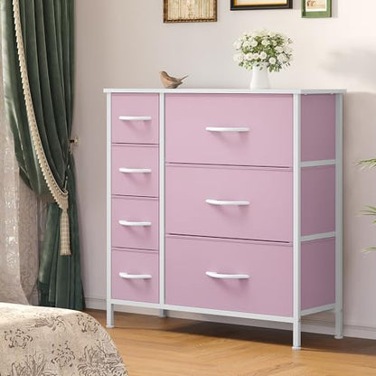 YITAHOME Pink Dresser, 7 Drawers Fabric Dresser for Bedroom | Organizer Unit for Living Room, Hallway, Closets, Sturdy Steel Frame, Wooden Top, Easy Pull Fabric Bins