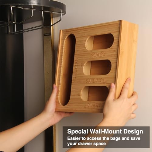 Baggie Organizer for Drawer Compatible with Ziplock Bags | Kitchen Sandwich Bag Organization|Food Storage Plastic Bag for Pantry|Wooden, Bamboo