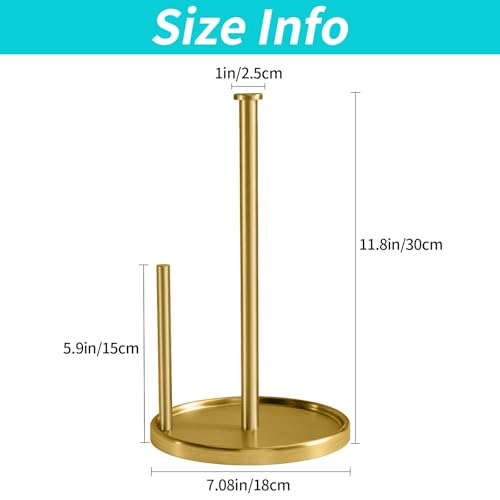 Paper Towel Holder Countertop, Standing Paper Roll Holder with Anti Slip Weighted Base, Stainless Steel Freestanding Paper Towel Holder for Kitchen, Gold