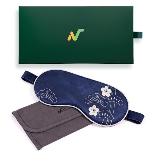 100% Mulberry Silk Sleep Mask with Eye Steam Pocket and Velvet Elastic Band, Luxury 22mm Silk Eye Mask for Nap Sleeping Relaxation and Traveling, Gift Package, Cherry Blossom Blue