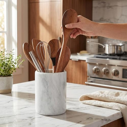 Radicaln Marble Utensil Holder Kitchen Counter, 6.5 Inch Spoon Crock | Handmade White Stone, Utensil Caddy & Crock, Countertop Organizer, Kitchen Decor, Spoon Holder, Non Slip Base, Gift Ready