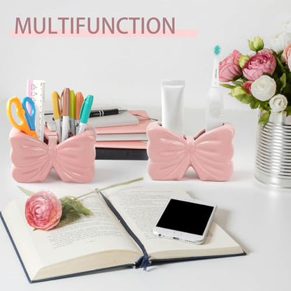 Bow Toothbrush Holder, Pink Ceramic Multi-Purpose 2-Section Organizer for Bathroom, Kitchen, Bedroom, Office Decor