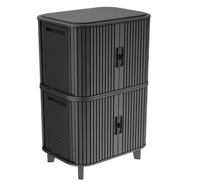 Keter Velo 30 Gallon Outdoor Storage Cabinet (2 Pack), Weather‑Resistant Resin Deck Boxes with Steel Reinforcement, Lockable, Wood‑Look Graphite