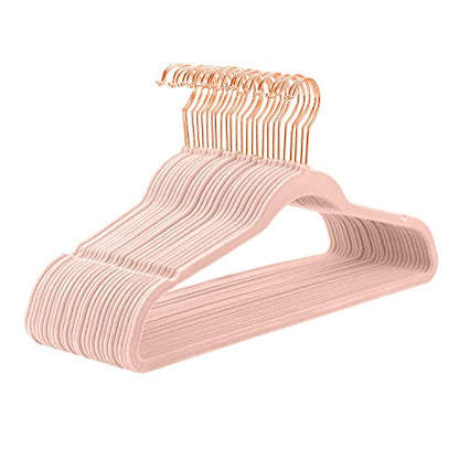 MIZGI Velvet Hangers 50 Pack Non Slip Heavy Duty Blush Pink Rose Gold Hooks | Felt Hangers | Slim Space Saving | 360° Swivel Hook | Closet Organization | Suits, Coats, Dresses | Dorm Essentials