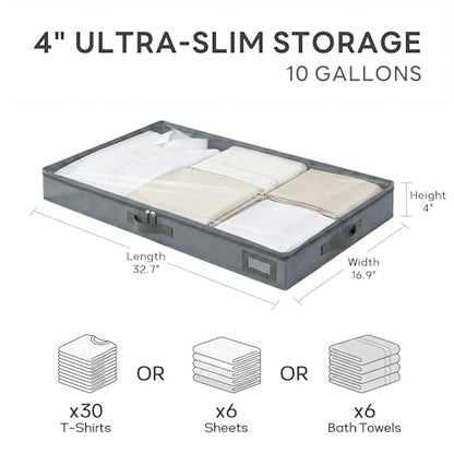 4" Low Profile Under Bed Storage Bins (2-Pack, Grey), Slim 600D Oxford Fabric Clothes Organizer Box with Reinforced Leather Handles, Sturdy Clear Lid