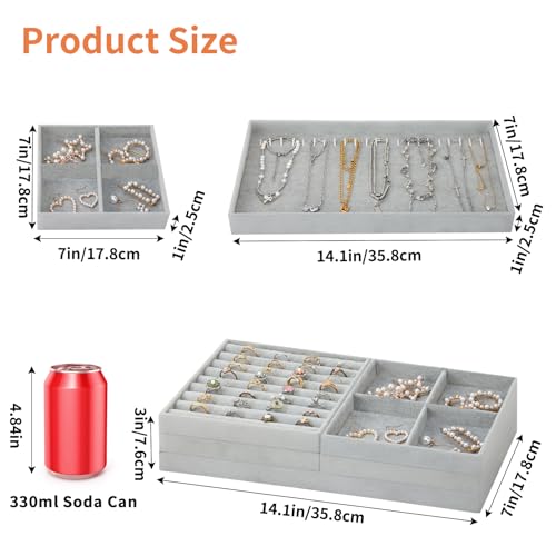 Fixwal Jewelry Organizer Trays 5 Pack 14in Stackable Drawer Box Dividers | Stackable 14in Trays, Removable Dividers, Multi-Layer Design, for Earrings Necklaces Bracelets and Watches
