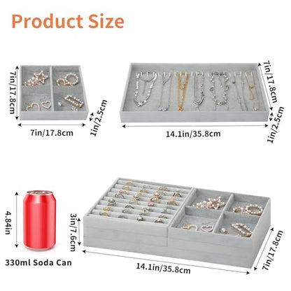Fixwal Jewelry Organizer Trays 5 Pack 14in Stackable Drawer Box Dividers | Stackable 14in Trays, Removable Dividers, Multi-Layer Design, for Earrings Necklaces Bracelets and Watches
