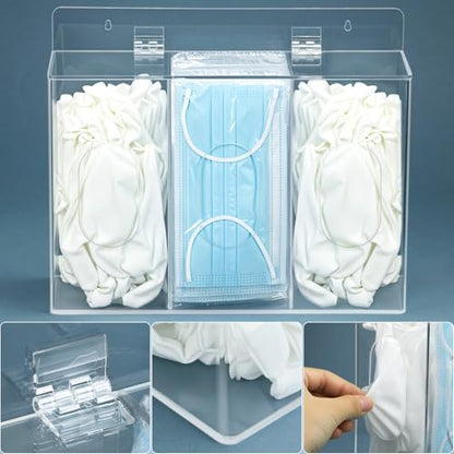 QWORK Acrylic Face Mask Dispenser Box, 3 Compartments Gloves Holder, Clear Mask Organizer with Lid, Wall Mount Organizer/Dispenser for Masks & Gloves