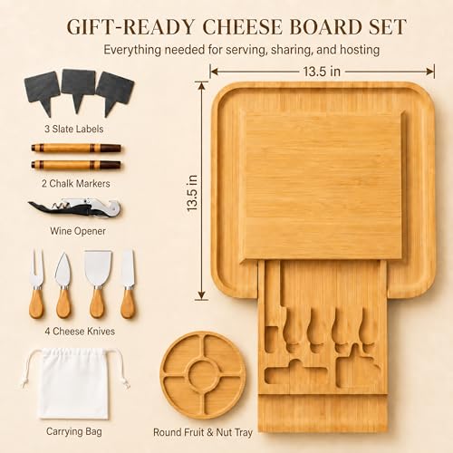 Charcuterie Boards - Large Bamboo Cheese Board & Knives, Housewarming Gift | Hidden Slide Out Drawer Holds The Cutlery Set, Deep Edge Groove Keeps Crackers, Nuts And Olives In Place, Easy To Wipe Clean