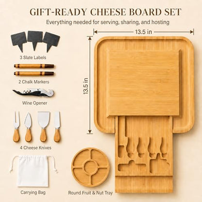 Charcuterie Boards - Large Bamboo Cheese Board & Knives, Housewarming Gift | Hidden Slide Out Drawer Holds The Cutlery Set, Deep Edge Groove Keeps Crackers, Nuts And Olives In Place, Easy To Wipe Clean