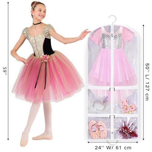 SLEEPING LAMB Clear Garment Bag for Dance Costume Kids 50 Inch Hanging Clothes Cover for Closet Storage With 4 Large Zipper Pockets for Ballet, Theatre, Competitions, 3 Packs, White