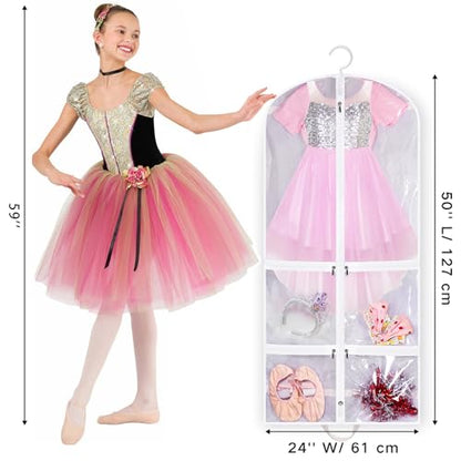 SLEEPING LAMB Clear Garment Bag for Dance Costume Kids 50 Inch Hanging Clothes Cover for Closet Storage With 4 Large Zipper Pockets for Ballet, Theatre, Competitions, 3 Packs, White