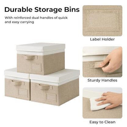 GRANNY SAYS Storage Basket with Lid, Linen Fabric Storage Bins with Label, Decorative Storage Boxes, Clothes Storage and Organization, Memory Keepsake Box, 3-Pack, Medium, Khaki&Ivory