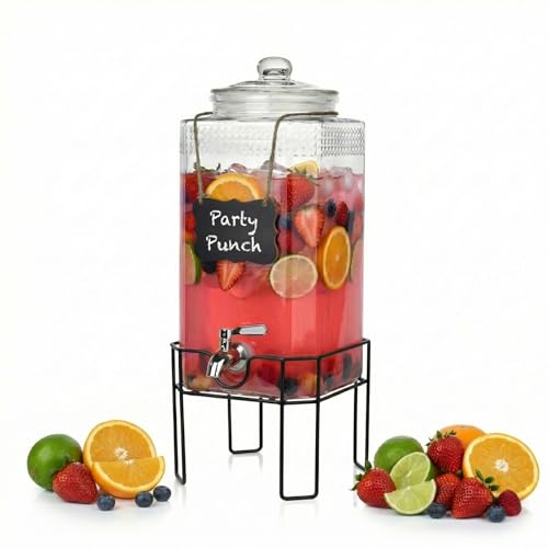 2 Gallon Glass Drink Dispenser, Drink Dispensers for Parties, Beverage Dispenser with Stand and Glass Lid, 100% Leakproof Spigot, Ideal for Lemonade, Juice, Laundry Detergent Dispenser