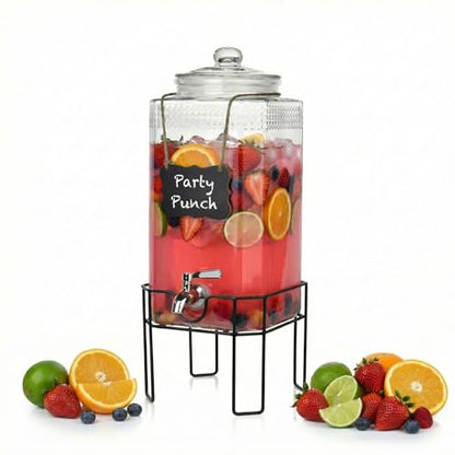 2 Gallon Glass Drink Dispenser, Drink Dispensers for Parties, Beverage Dispenser with Stand and Glass Lid, 100% Leakproof Spigot, Ideal for Lemonade, Juice, Laundry Detergent Dispenser