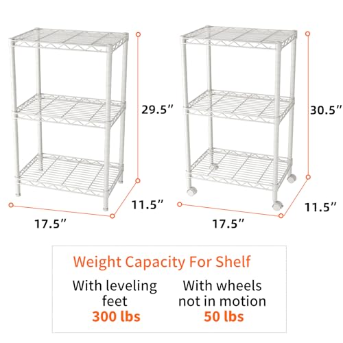 SINGAYE 3 Shelves Storage Shelf Wire Shelving Unit Metal Adjustable Wheels | Small Shelf Storage with Wheels Organizers Closet Unit for Bathroom Laundry Room Kitchen Pantry11.5D x 17.5W x 30.5H White