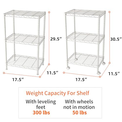 SINGAYE 3 Shelves Storage Shelf Wire Shelving Unit Metal Adjustable Wheels | Small Shelf Storage with Wheels Organizers Closet Unit for Bathroom Laundry Room Kitchen Pantry11.5D x 17.5W x 30.5H White