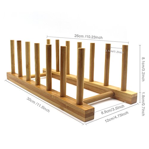 Bamboo Wooden Plate Racks Dish display Holder Kitchen Storage, Pack of 4 | Cabinet Organizer for Dish / Plate / Bowl / Cup / Pot Lid / Cutting Board/ Book (vertical)