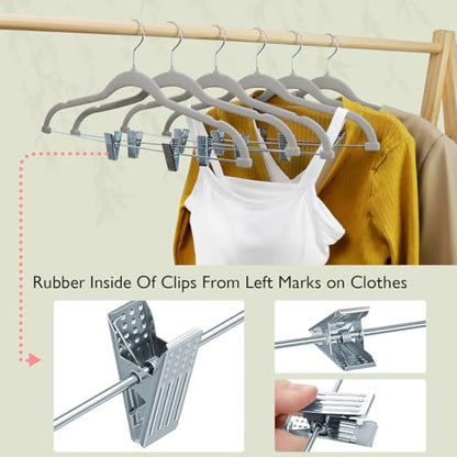 ManGotree Velvet Pants & Skirt Hangers with Movable Clips 32 Pack Grey | Ultra-Thin Space Saving Dress Hangers for Adult Clothing, Non-Slip Felt Coat Clothes Hangers with 360° Swivel Hook