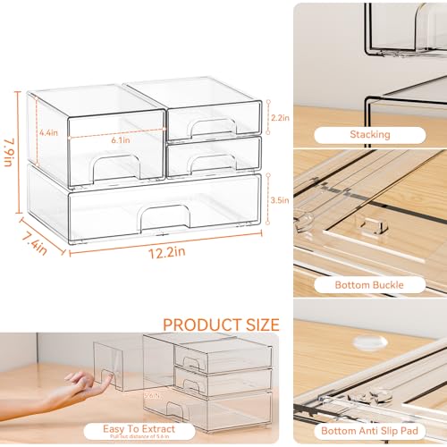 4 Pack Clear Stackable Storage Drawers,Pull-Out Medicine Cabinet Organizer and Containers,Large Acrylic Organizers Drawers and Bathroom Closet Organizers for Hair Accessories,Makeup Organizer